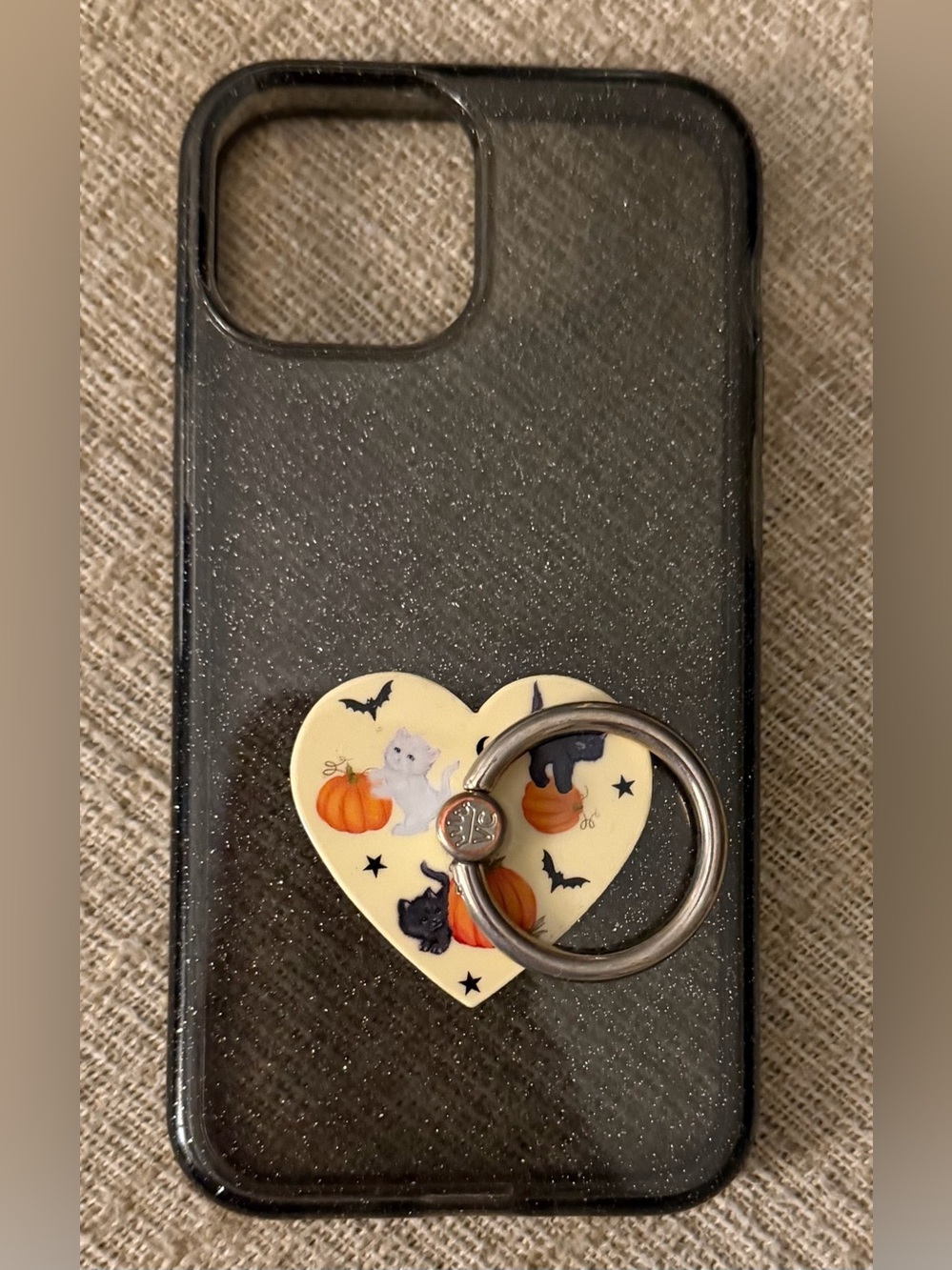 Black Glitter iPhone 13 Mini Case with VELVET CAVIAR Halloween Heart Ring Grip